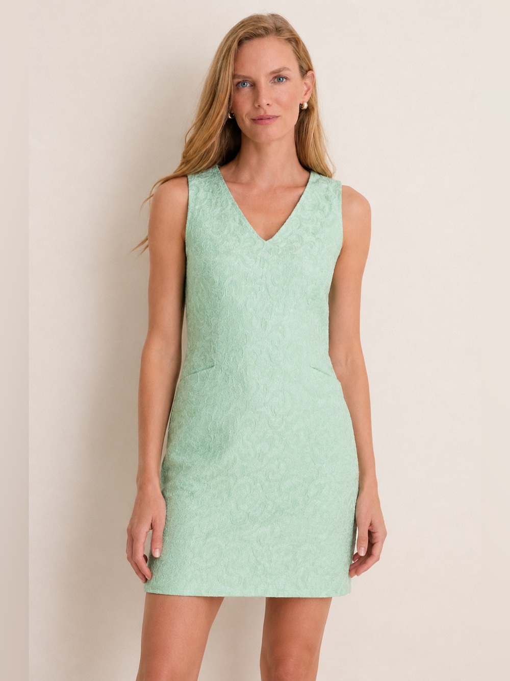 Sara Campbell Mint Green Brocade Sleeveless fitted Sheath Dress Size 8